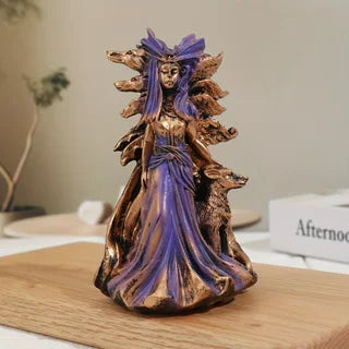 statue décorative mythologique résine bronze violet doré détails sculptés chiens vêtements vase fleurs lampe