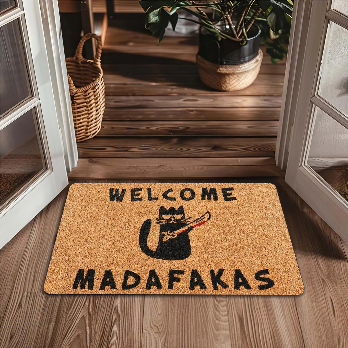 tapis d'entrée humoristique chat épée bienvenue madafafakas antidérapant caoutchouc noir marron clair marron
