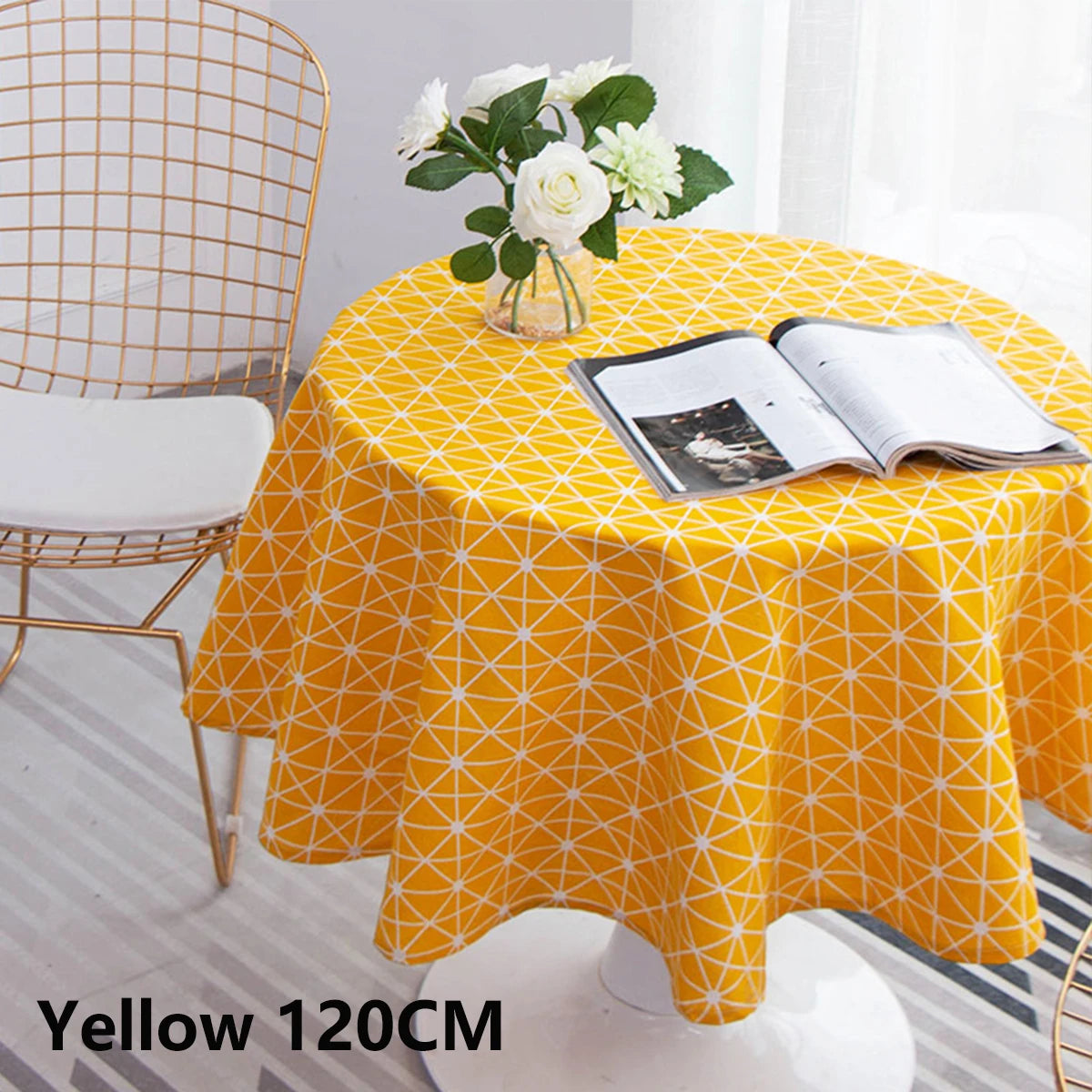 nappe table ronde moderne gris bleu jaune triangles géométriques imperméable noël extérieur 120cm 150cm