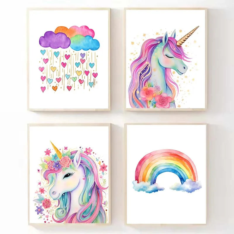 toile d'art abstraite licorne arc ciel nuages coeurs enfantins decoration murale multicolore illustration maison