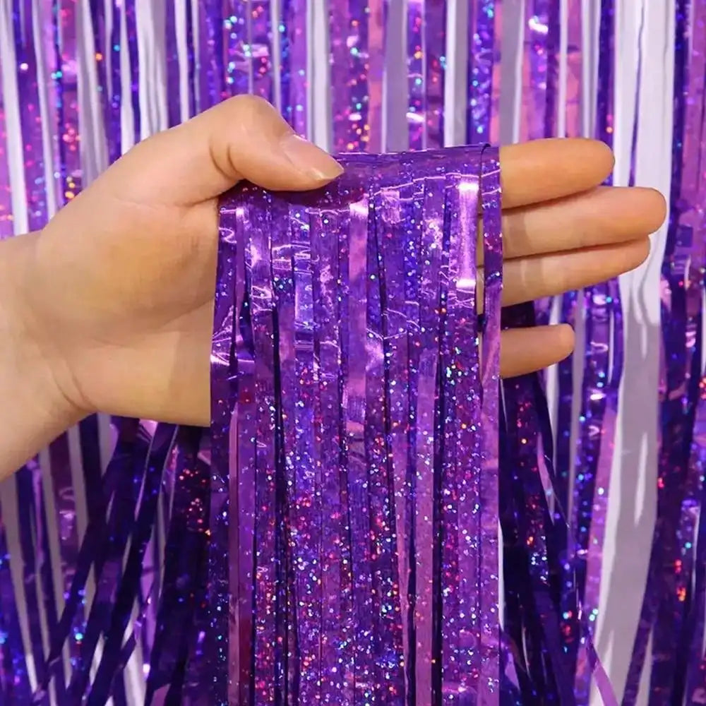 rideau soie franges violet argenté holographique 1m 2m moderne festif
