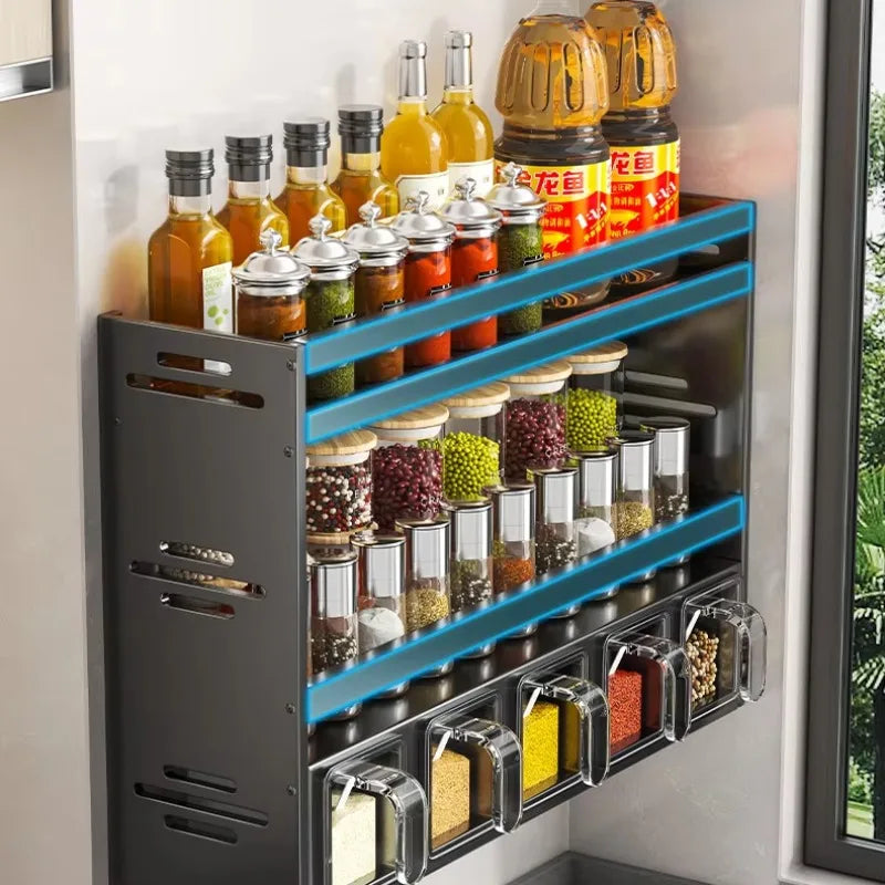 étagère murale transparente moderne pots condiments disques poids noir bleu pratique