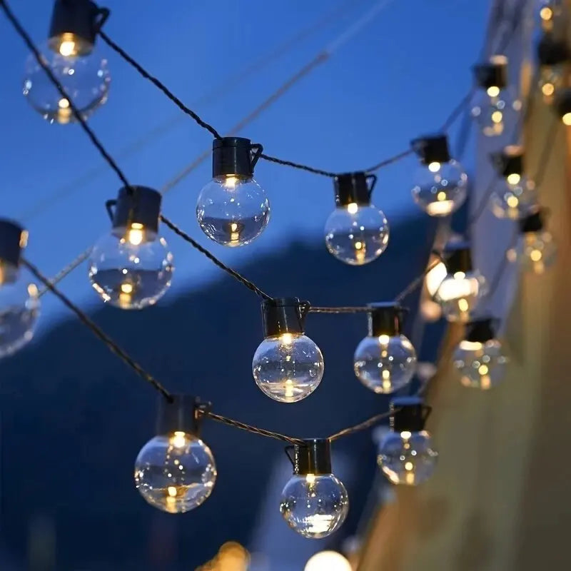 guirlande lumineuse solaire led transparente 20 ampoules globe texture chaleur festiveextérieur jardin patio camping