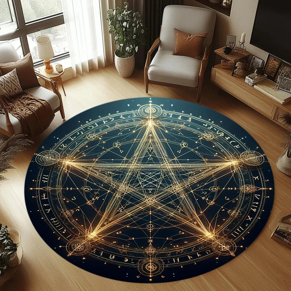 tapis rond moderne étoile symboles astrologiques géométriques bleu doré violet orange noir