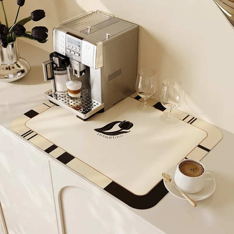 tapis cuisine séchage vaisselle diatomée rectangulaire motif fleurs moderne beige noir élégant