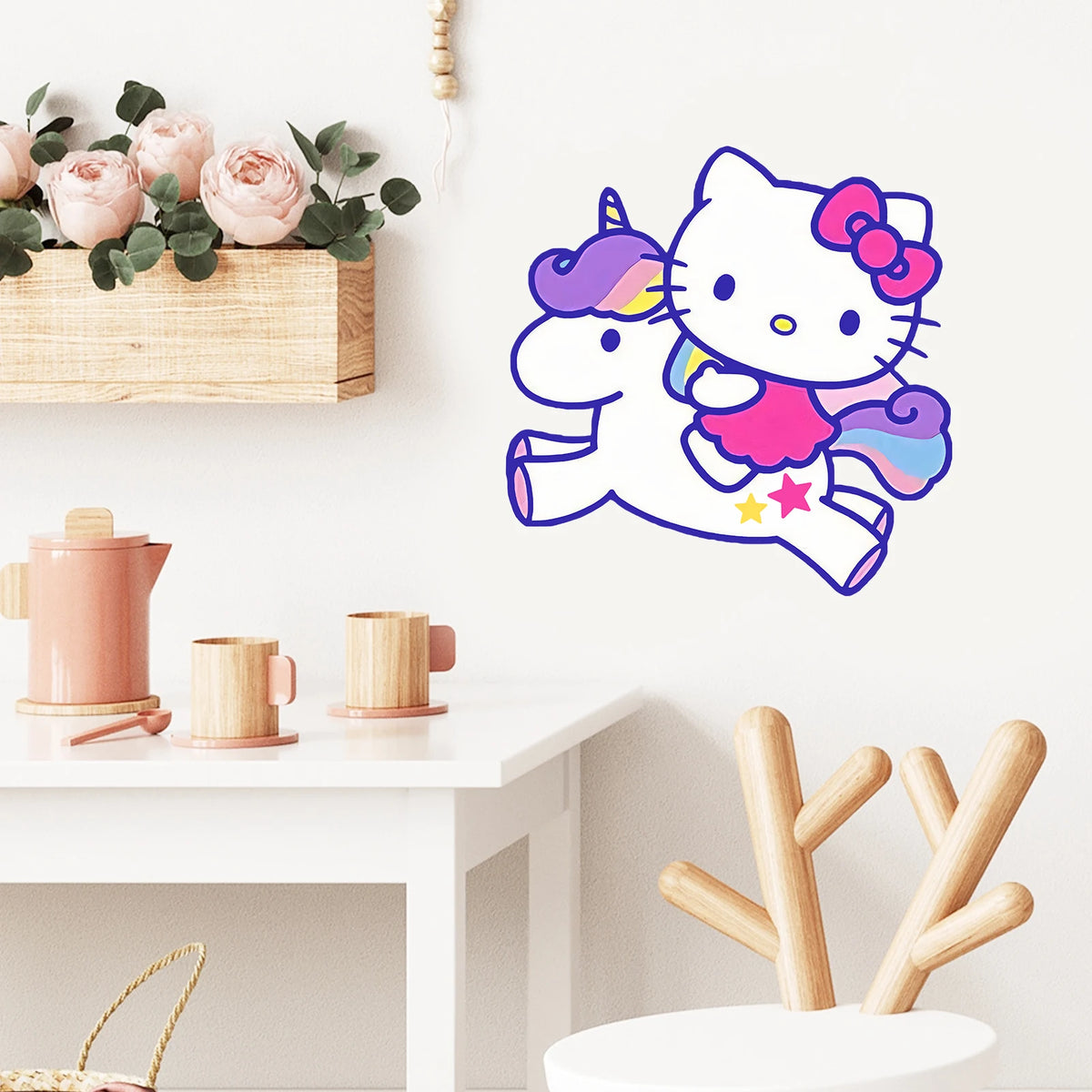 sticker mural hello kitty licorne arc ciel étoile dessin animé violet rose blanc bleu