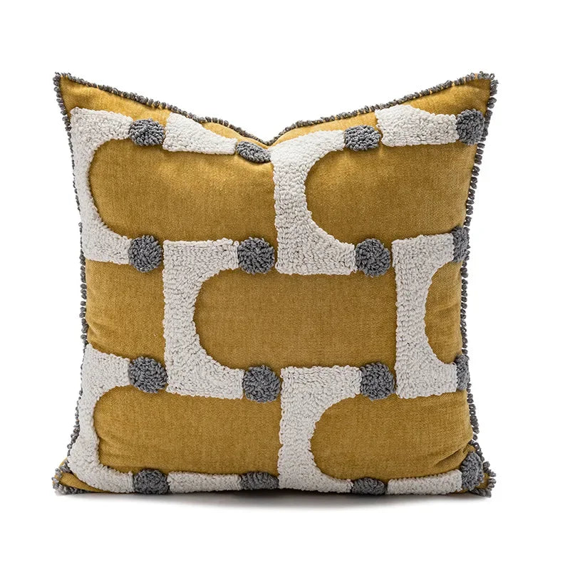 coussin décoratif moderne motif géométrique jaune gris beige texture bouclée canapé salon