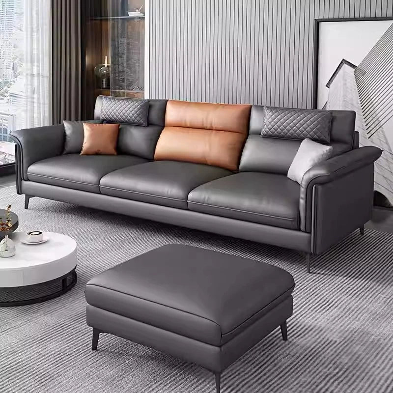 Canapé d'angle moderne cuir gris chaise lounge pieds noirs coussins géométriques salon bois composite