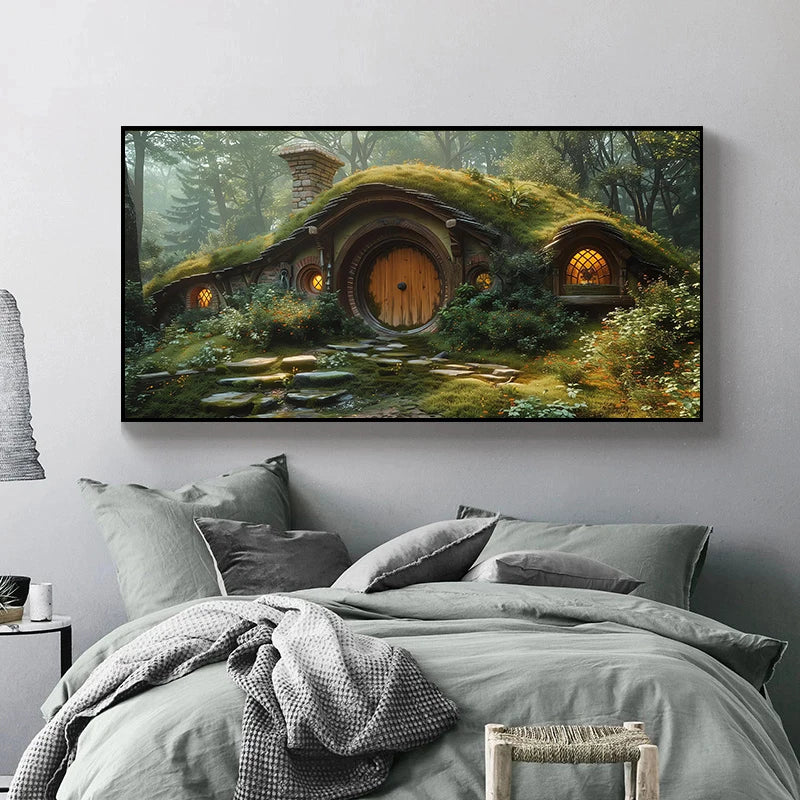 toile d'art paysage nature maison ronde cheminée canapé tapis livres arbre feu confortable moderne