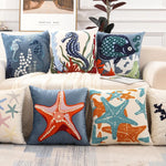 housse coussin brodée motif marin hippocampes coraux blanc océan 45x45cm polyester zipper