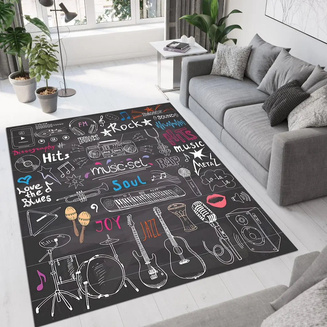 tapis moderne guitares colorées velours polypropylène noir orange bleu rouge beige vert chambre salonextérieur