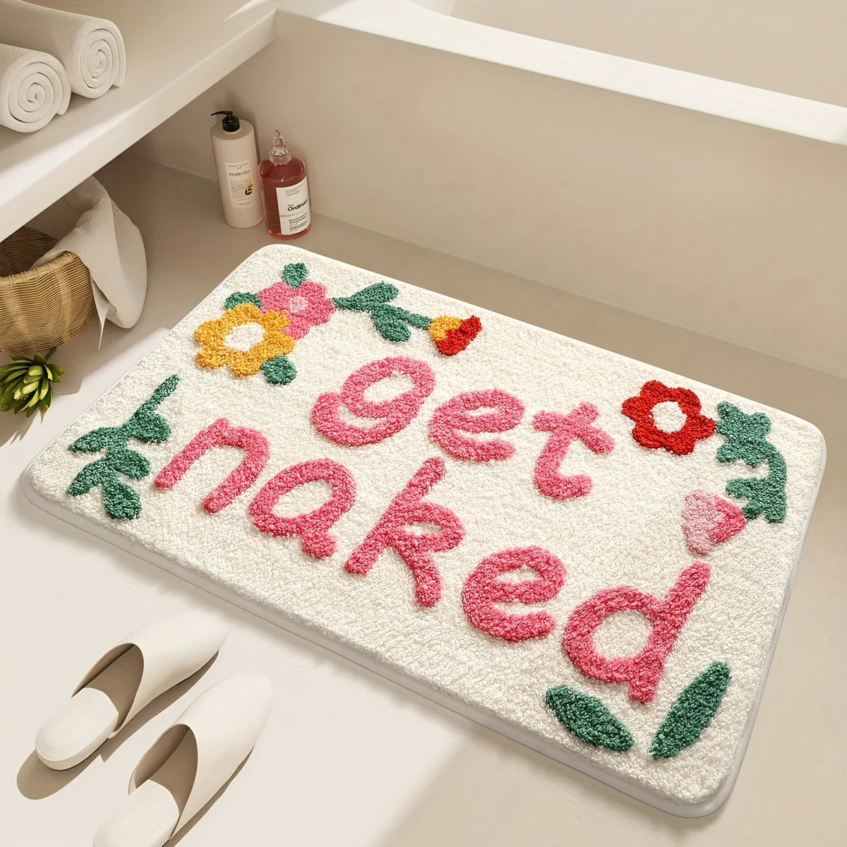 tapis bain crème get naked brodé fleurs deco humoristique résistant antibactéries polyester moderne