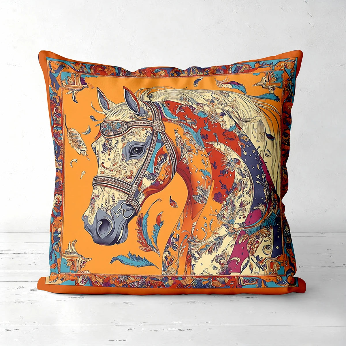coussin motif chevaux équestre vintage 45x45cm polyester opacité baroque orange noir bleu