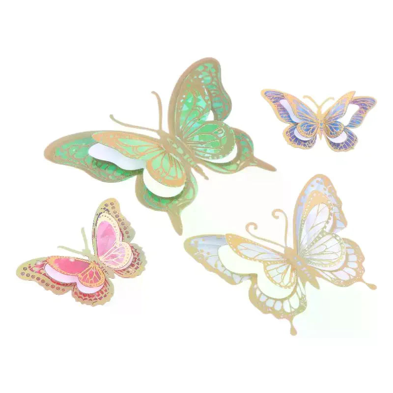 papillons décoratifs transparents effet holographique adhésifs 3d élégants rose vert bleu doré pack 12