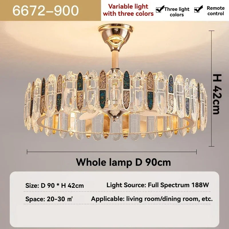 lampe suspendue moderne élégante cristal brillant télécommande dorée led fixée ventilateur
