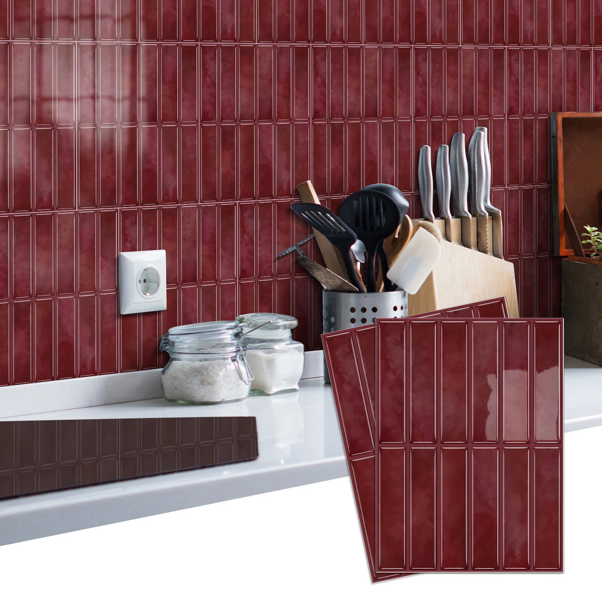 panneau decoratif auto adhésif rouge bordeaux rayures blanches moderne cuisine salle bain