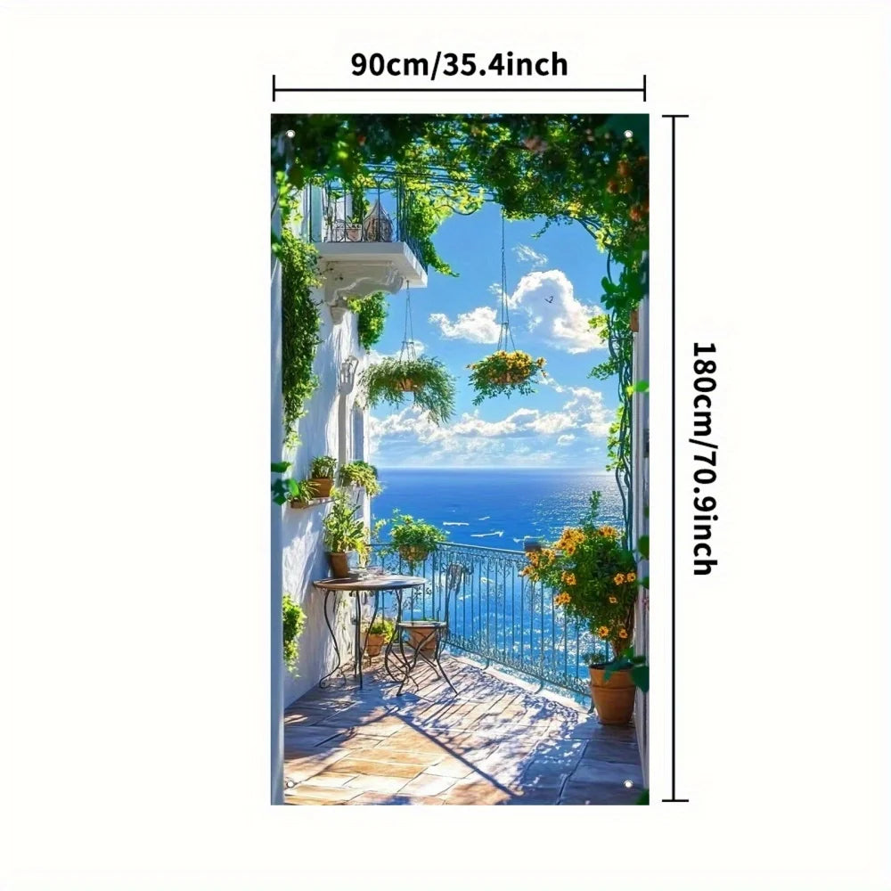rideau porte paysage méditerranéen vinyle texturé fleurs balustrade rustique 90x180cm decoration murale