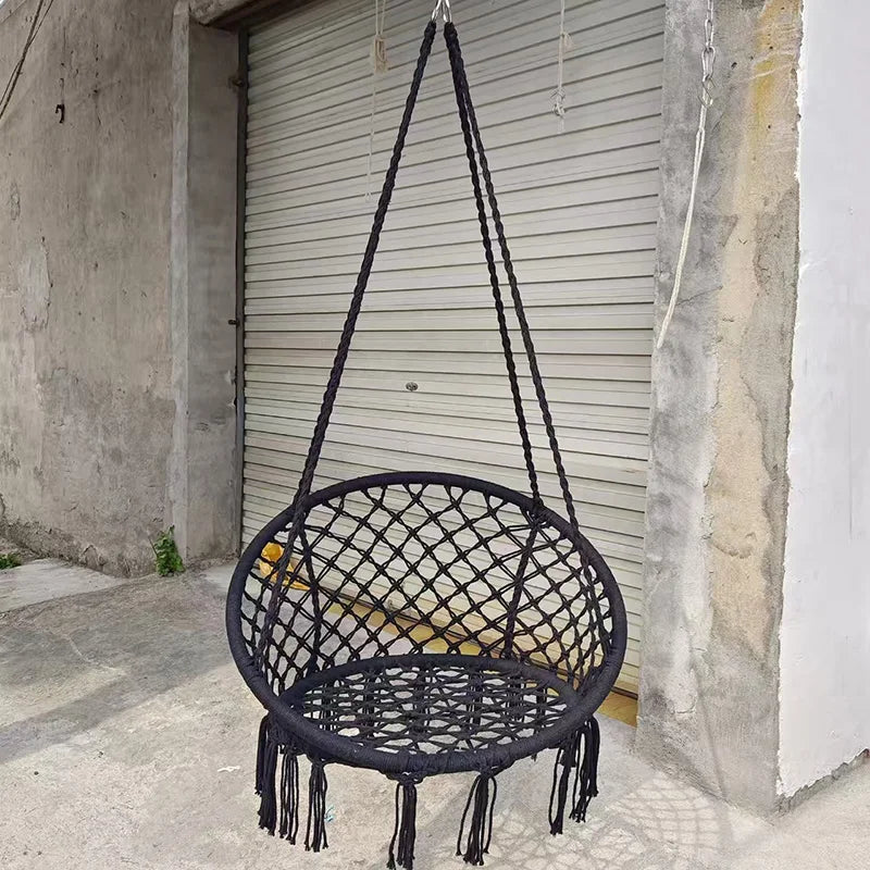 fauteuil suspendu macramé tissé motifs géométriques franges boho chic blanc beige noir rose bleu