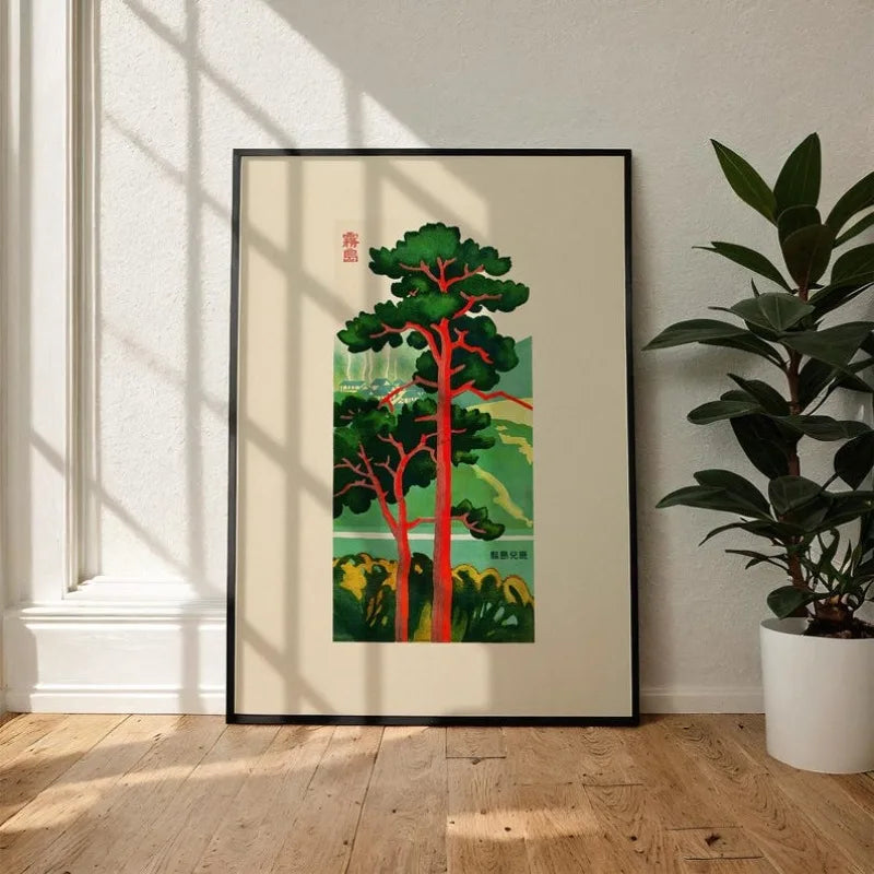 affiche toile japonaise graphique arbre vert rouge fond beige moderne sans cadre chambre salon