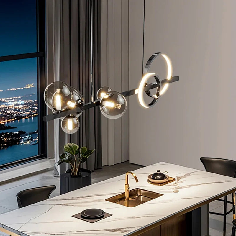 suspension lumineuse moderne noir doré verre transparent anneaux lumineux globes contemporains