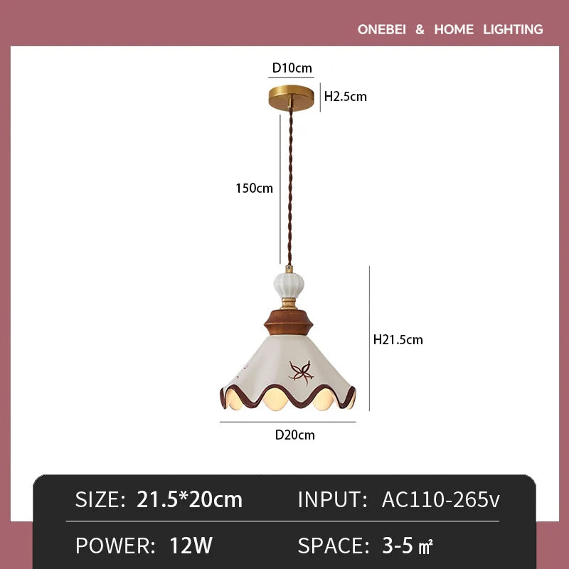 lampe suspendue vintage céramique motif floral blanc marron bordure ondulée classique chambre restaurant exposition