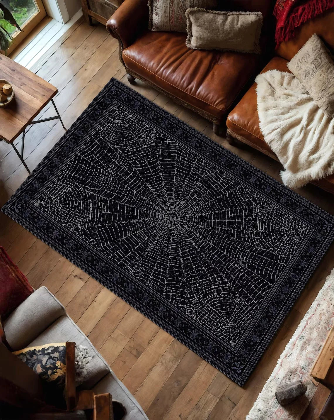 tapis gothique noir décorations toile araignée roses rouges romantique salon chambre halloween maison