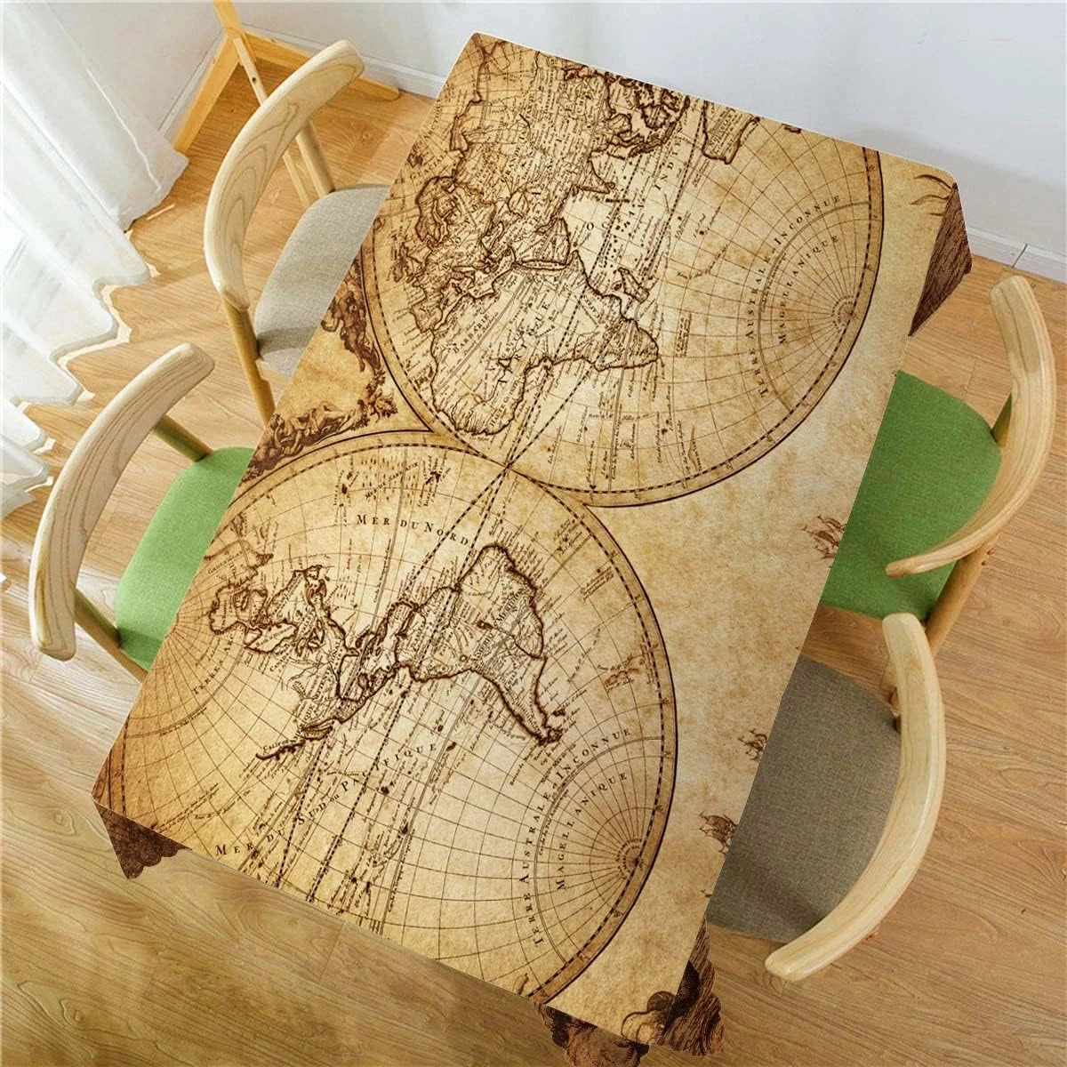 nappe table imperméable carte monde vintage beige marron gravure cartographique réutilisable polyester moderne rectangle