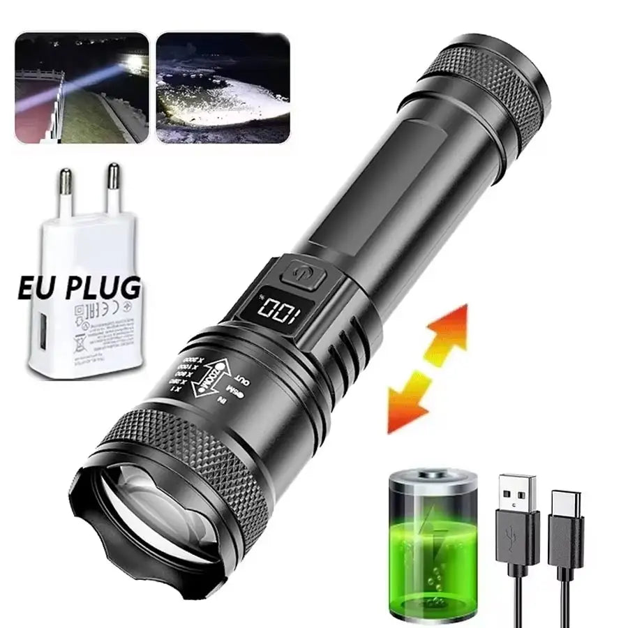 torche led rechargeable 2000lm anti choc affichage numerique lumiere intense campingurgence