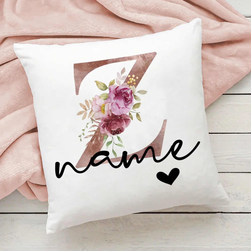 taie d'oreiller motif floral rose lettres initiales respectueux environnement moderne blanc