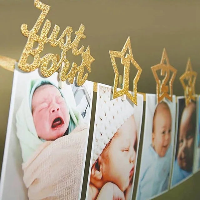 guirlande photo anniversaire bébé étoiles dorées rubans jaunes clips océillets festif blanc doré