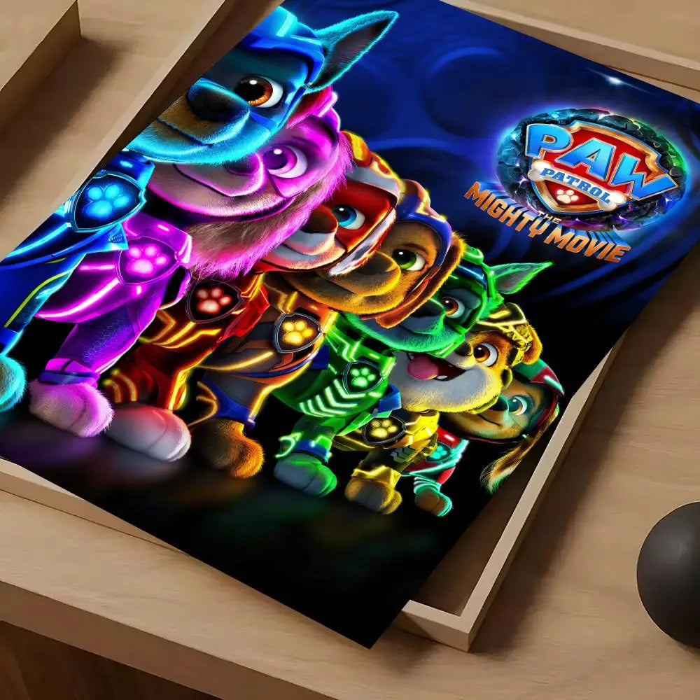 affiche paw patrol moderne personnages animés logo the mighty movie bleu violet rose jaune