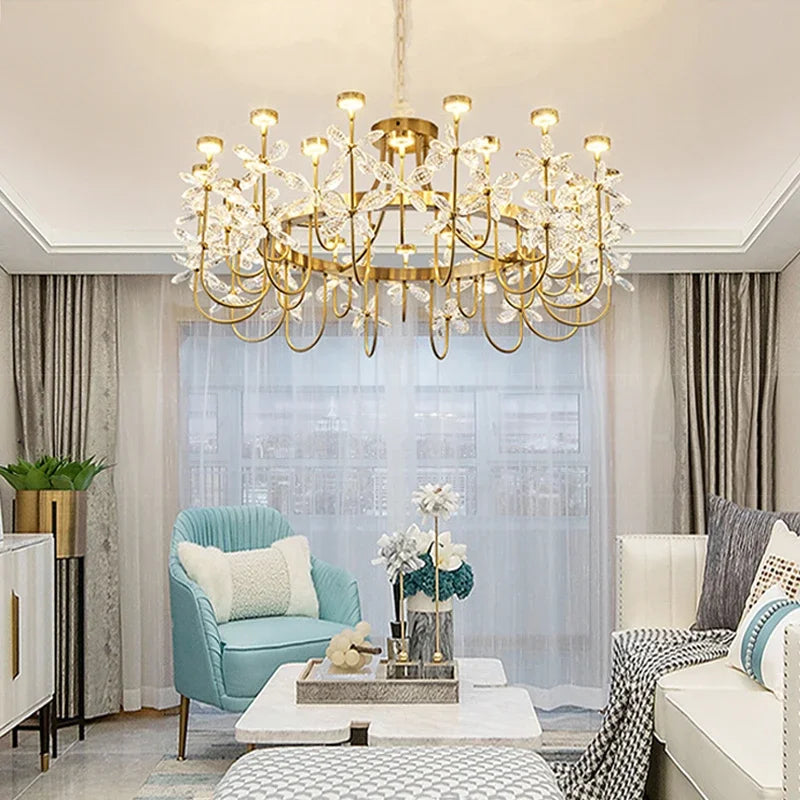 lustre or cristal transparent fleurs classique suspension chaines led moderne