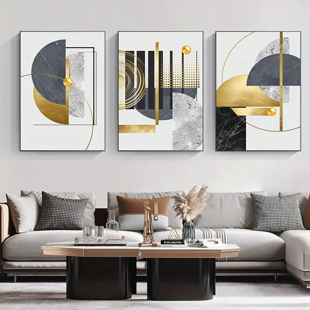 tableau abstrait géométrique contemporain noir blanc doré minimaliste