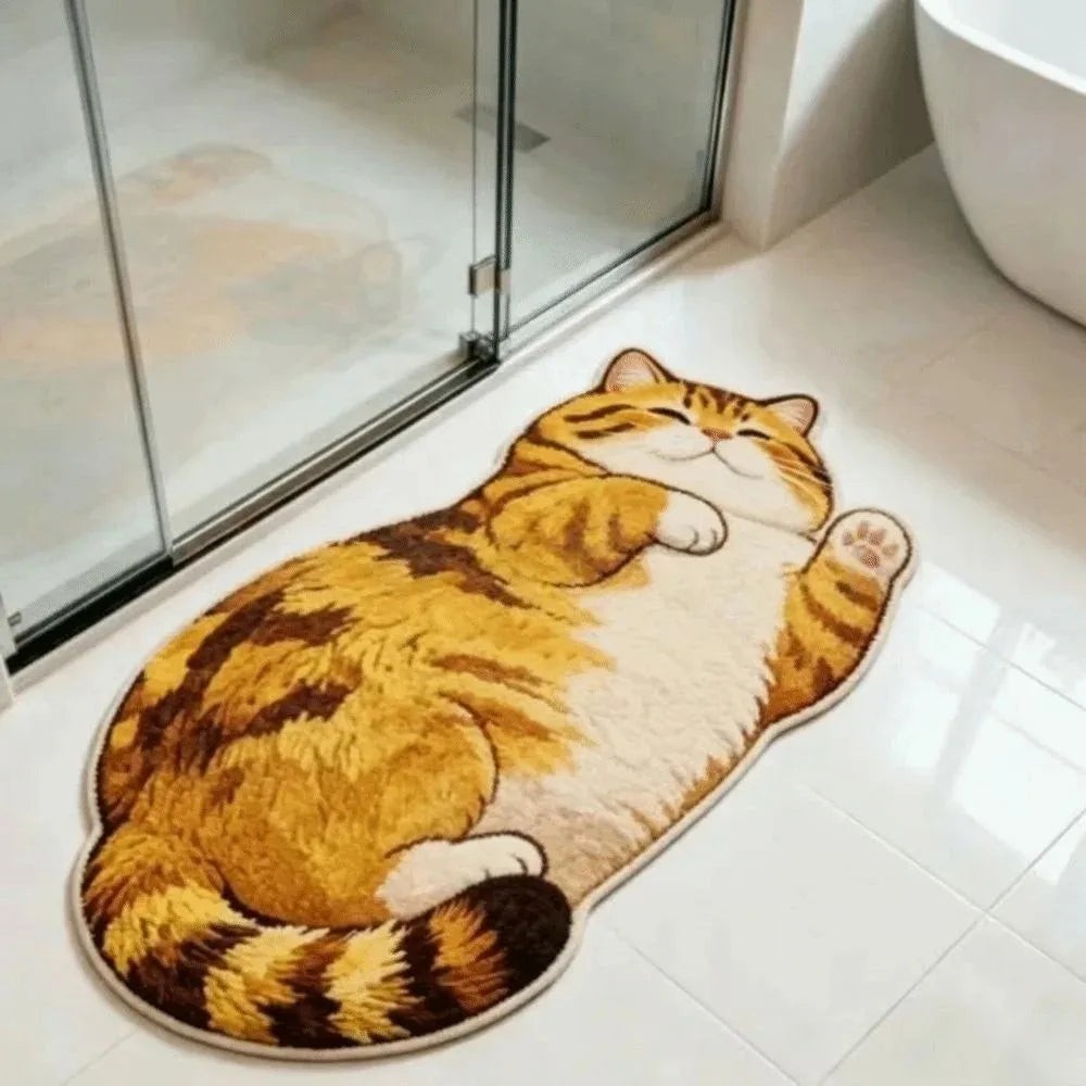 tapis imprimé chat allongé gris beige antidérapant salon salle bain corridor