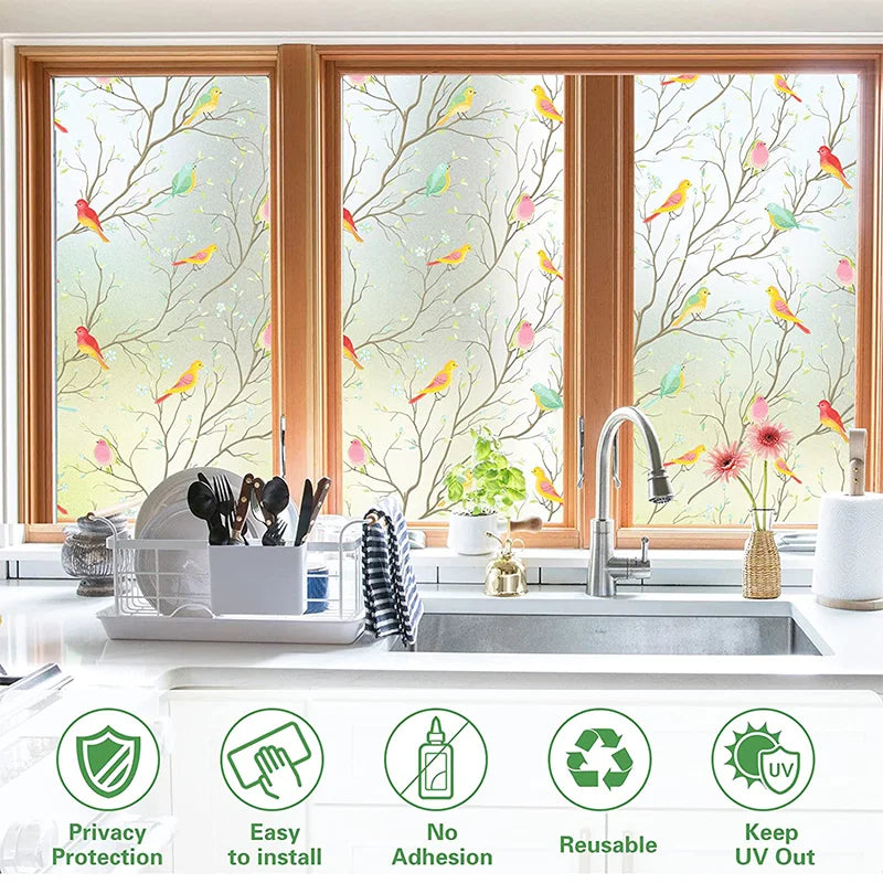 film décoratif fenêtre oiseaux gris branches fleurs moderne protection uv isolation thermique