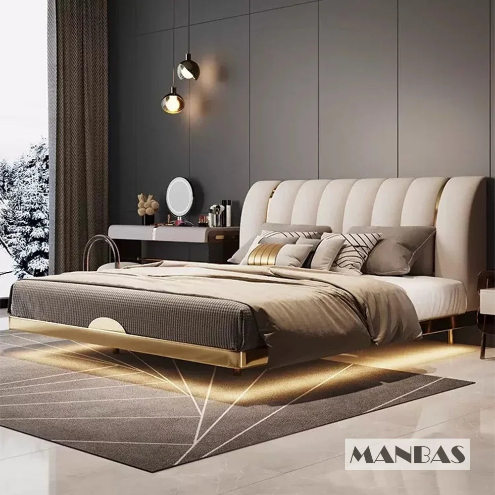 lit moderne double cuir véritable tête capitonnée cadre métal doré luxueux