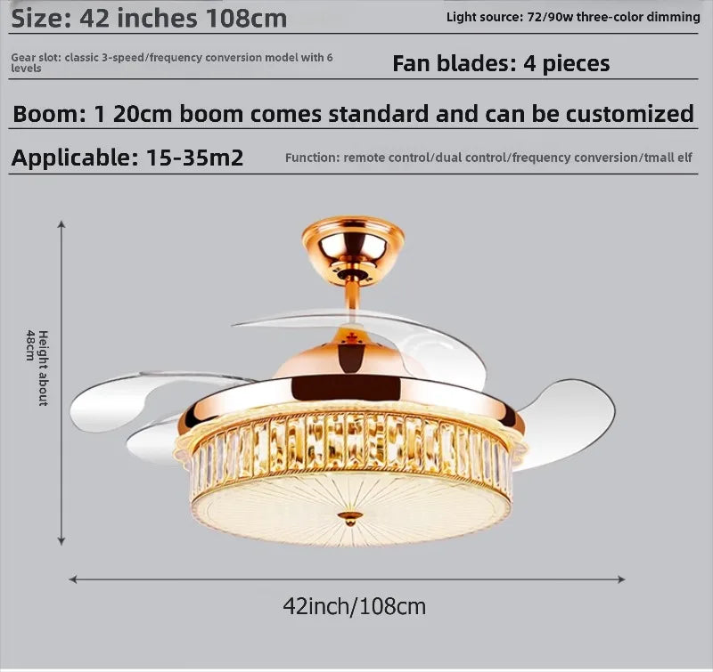 ventilateur cristal led lumineuses modernes télécommande or scintillant 42pouces