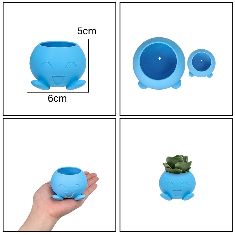 cache pot bleu souriant plante verte cartoon moderneintérieur décoration jardin plastique