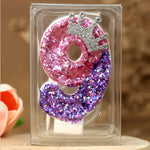 décoration anniversaire bougie forme chiffre pailletée violet rose argent tringle festive numérotée