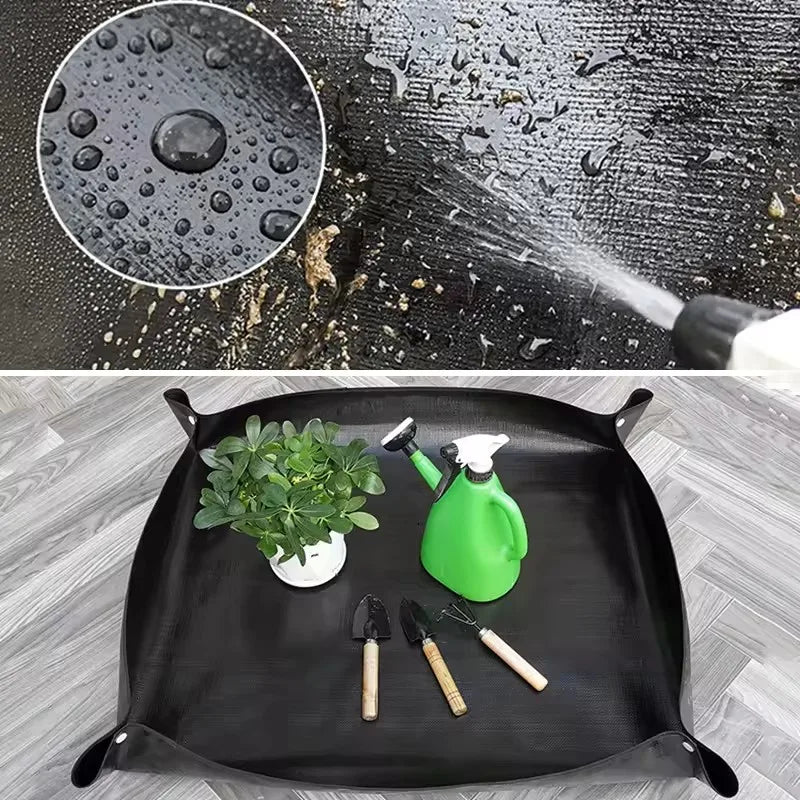tapis jardinage noir moderne poignées pot plante graine outils arrosoir chiffon