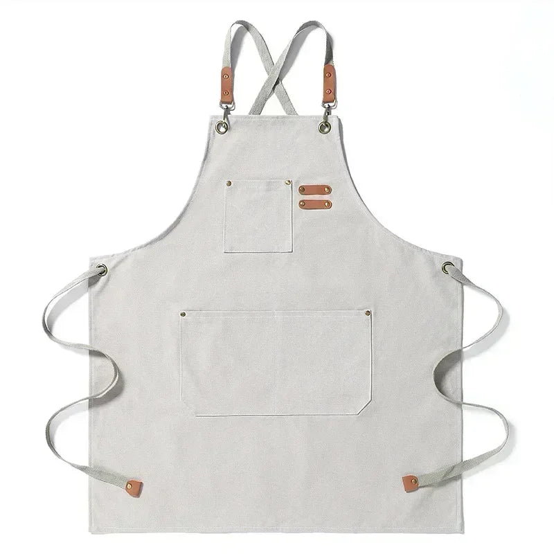 tablier toile coton gris classique poche fermeture boucles métal vintage cuisine chef