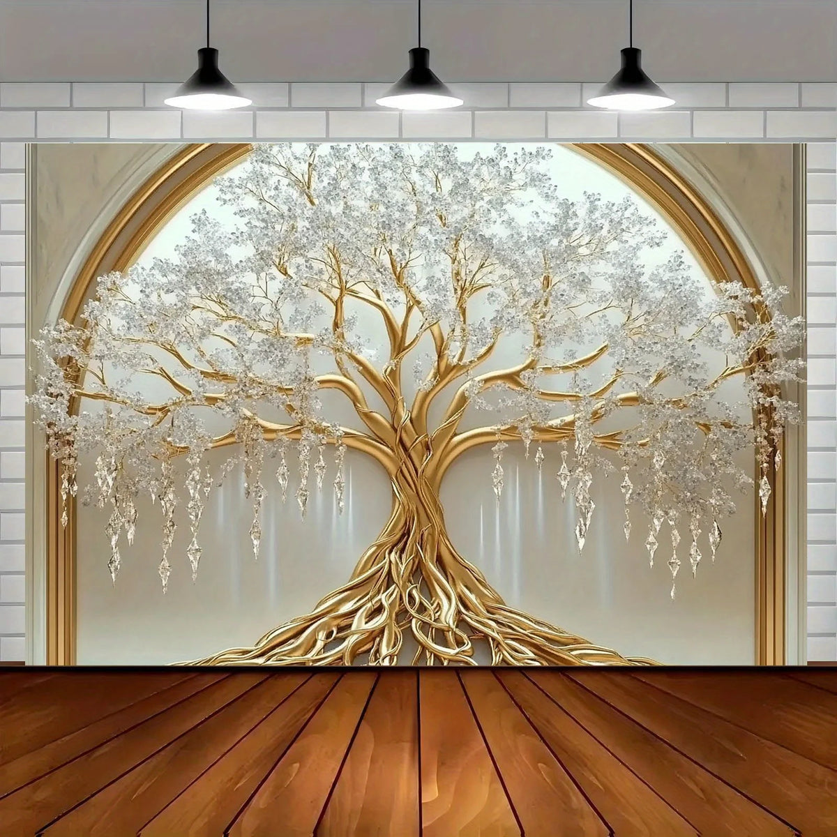 décoration murale arbre vie branches dorées feuilles blanches moderne grande taille