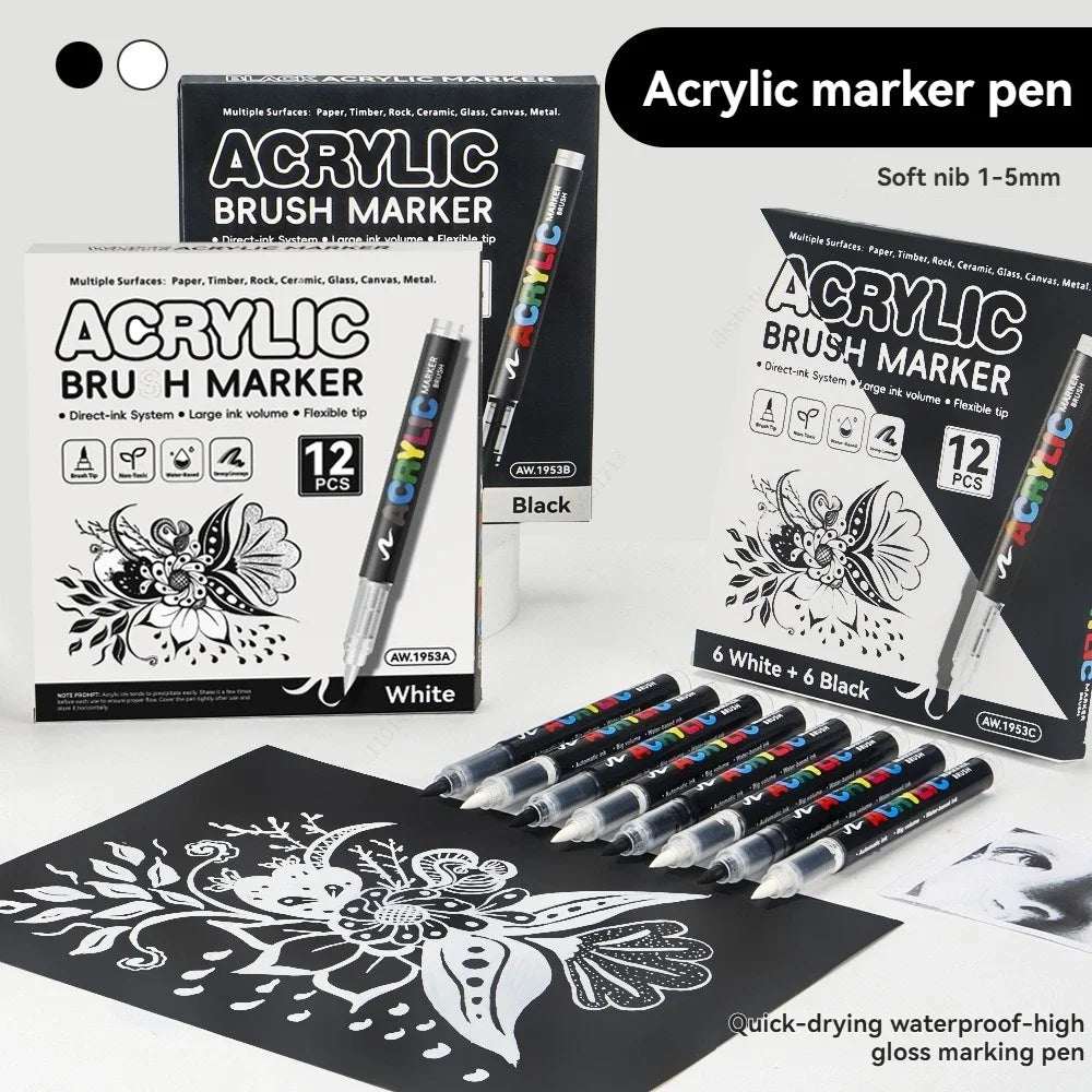 stylos marqueurs acrylique noir blanc floral brush ensemble 12 stylos boîte rangement