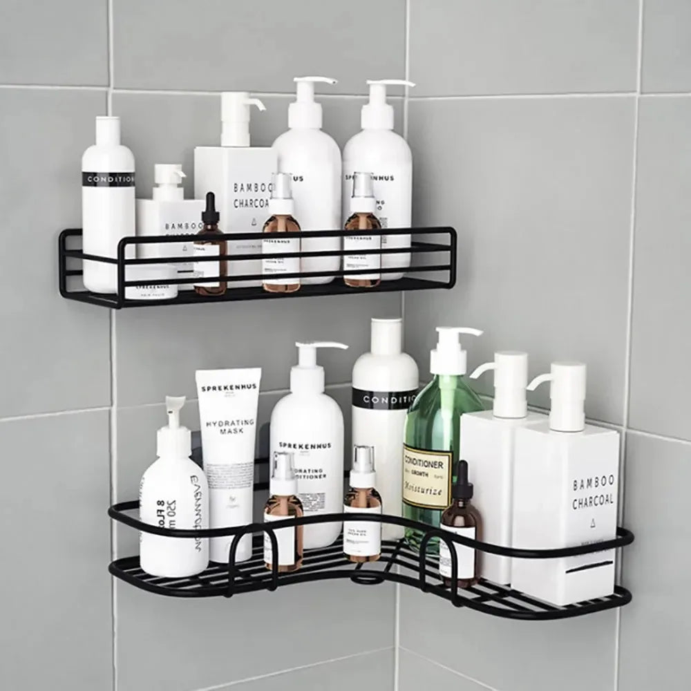 étagère salle bain moderne adhésive métal noir grille produits toilette shampooing lotions