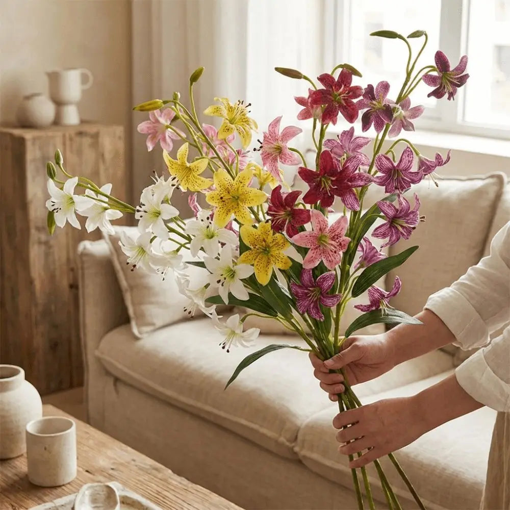 décoration intérieure moderne bouquet artificiel fleurs variées blanc rose jaune violet réaliste