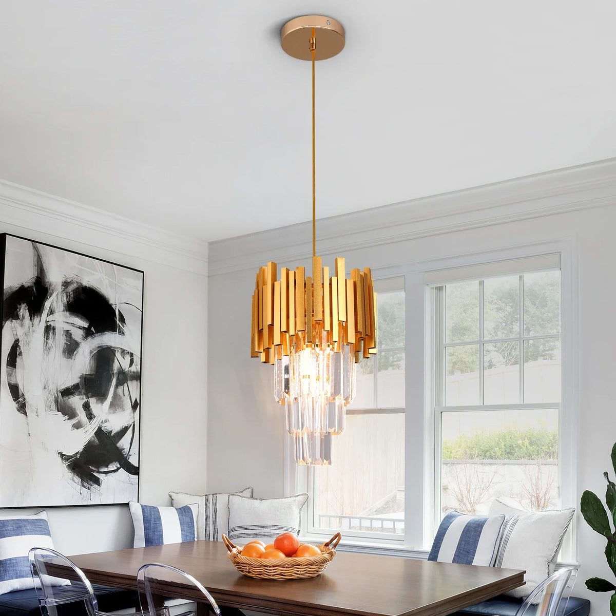 suspension lumineuse moderne or noir cristal led rayures horizontales verre transparent élègante chaîne métallique