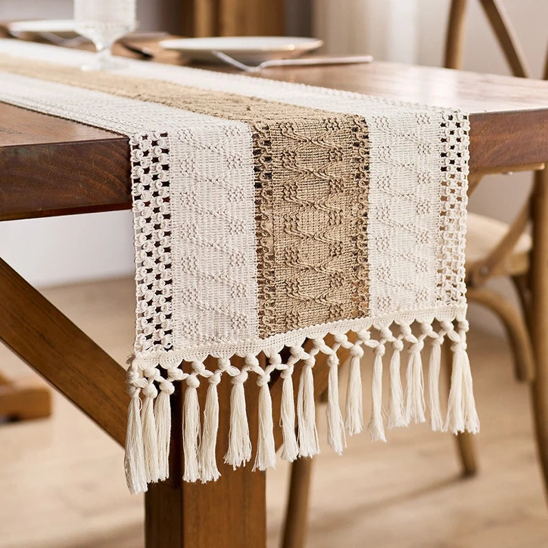 nappe lin rustique bohème macramé pompons dentelle franges beige marron vert pâle extérieur fêtes
