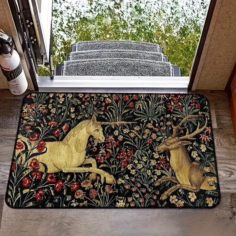 tapis sol antidérapant motif floral unicorn médiéval couleur noire jaune rouge vert blanc