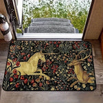 tapis sol antidérapant motif floral unicorn médiéval couleur noire jaune rouge vert blanc