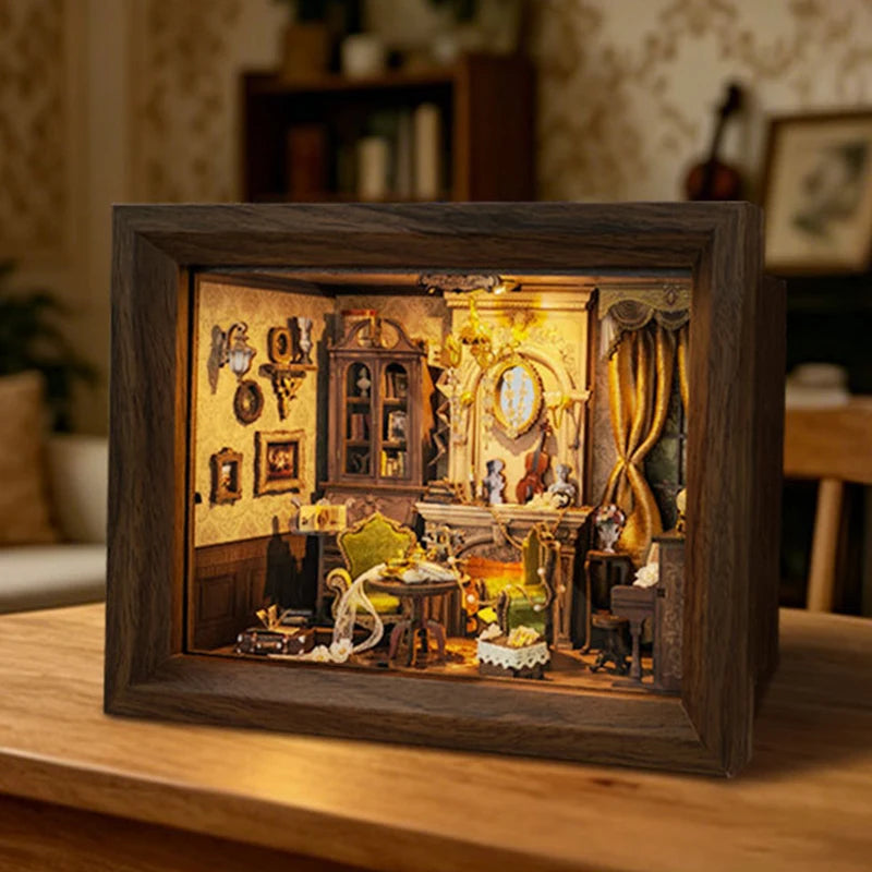 miniature salon bois classique fauteuils tapis rideaux horloge décoration cadeau anniversaire adulte